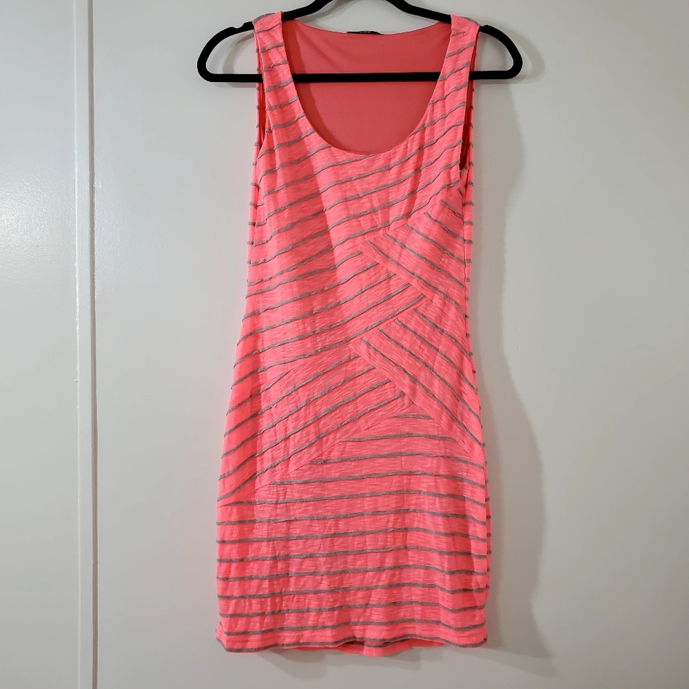 Womens/Juniors Pink and Gray Striped Sleeveless Dress Fully Lined